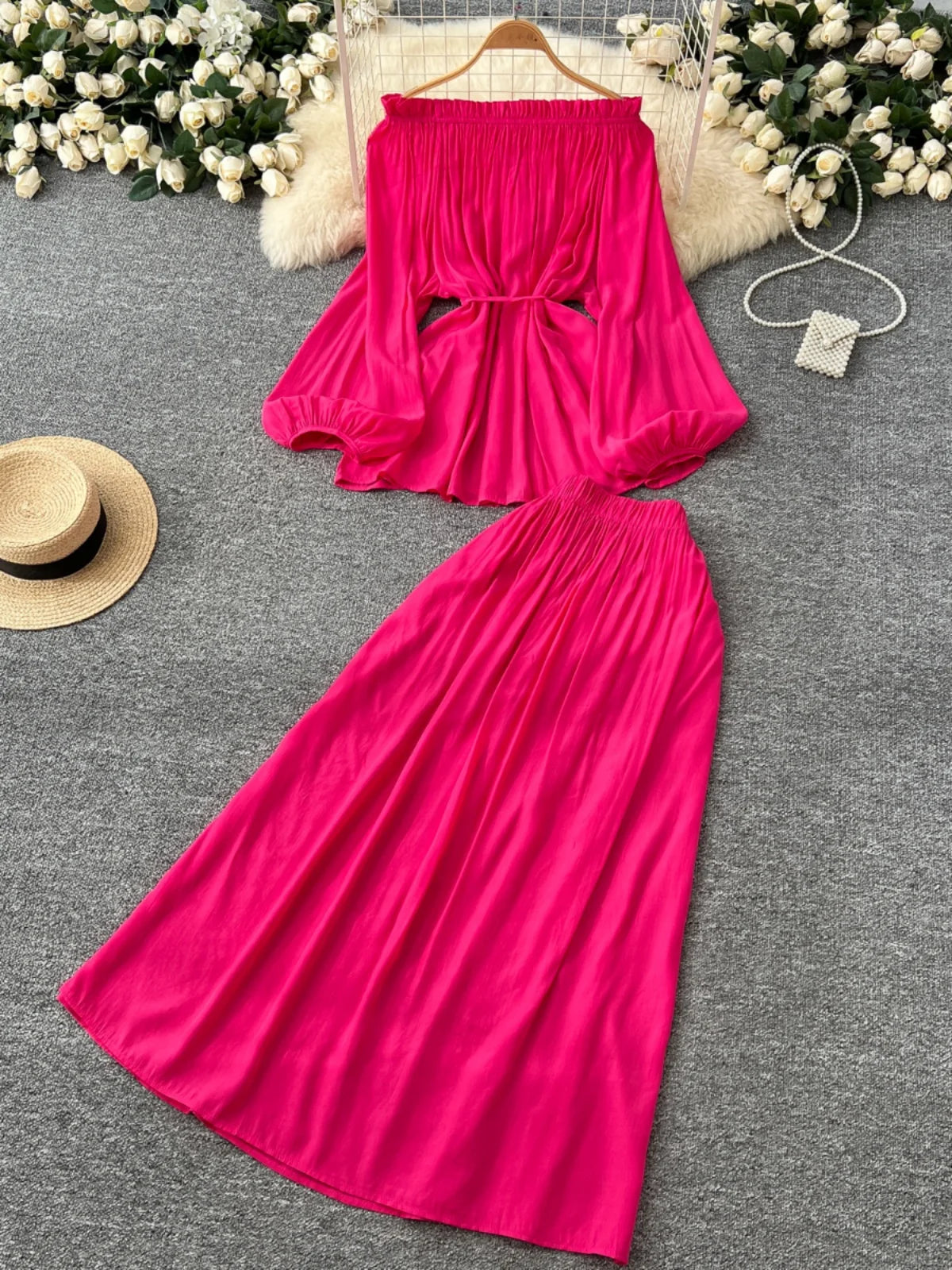 French Retro 2025 Women Solid Off Shoulder Elegant Lace-up Pleated Tops+ High Waist Party Long Skirt Spring Autumn Two Piece Set