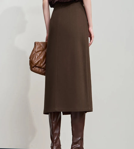Minimalist Women Brown Skirts 2025 Autumn Retro Brushed Twill Side Slit Office Lady Midi Skirts Woman Clothing 12543057
