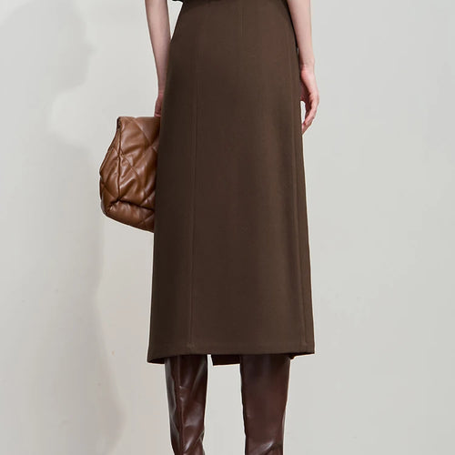 Minimalist Women Brown Skirts 2025 Autumn Retro Brushed Twill Side Slit Office Lady Midi Skirts Woman Clothing 12543057