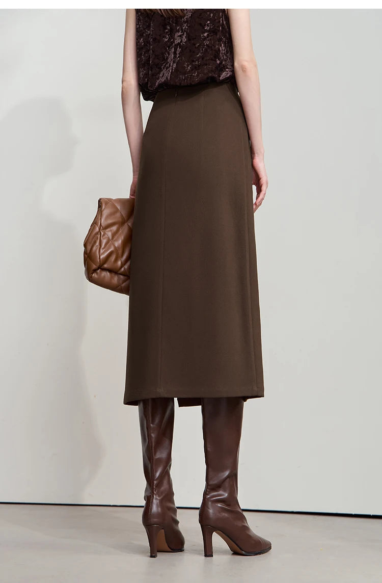 Minimalist Women Brown Skirts 2025 Autumn Retro Brushed Twill Side Slit Office Lady Midi Skirts Woman Clothing 12543057