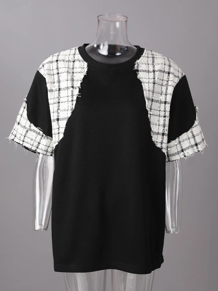 Women Black Tweed Color-block Spliced Big Size T-shirt New Round Neck Short Sleeve Fashion Tide Spring Summer 2025 CPG3061