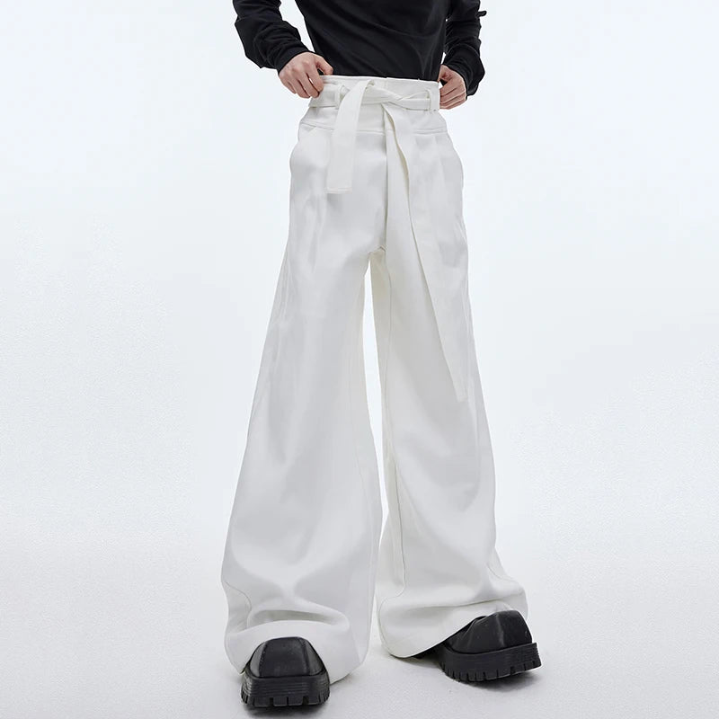 High Waist Lace-up Male Causal Suit Pants Niche Design Solid Color Men's Wide Leg Trousers Personality Spring 9C4012