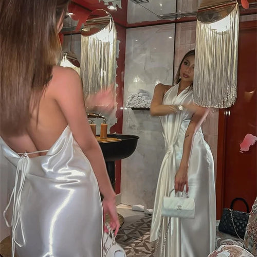 Load image into Gallery viewer, Satin Deep V Neck Backless Sexy Maxi Dress Women Elegant Halter Sleeveless Lace-up High Waist Draped Ruched Long Dress
