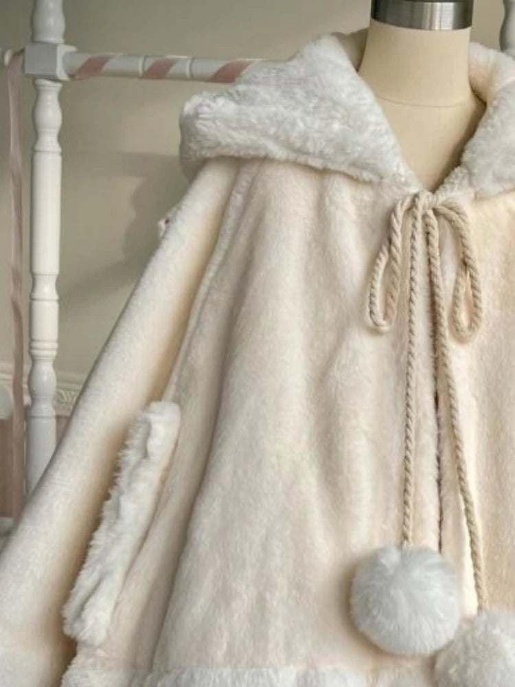 Winter Japanese Sweet Girly Lolita Cloak Coat Y2k Aesthetic Kawaii Bandage Outwear Vintage Casual Loose Cute Ears Hooded Jackets