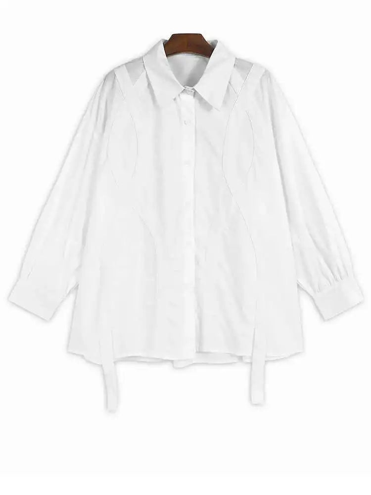 Women Black Cross Ribbon Big Size Casual Blouse New Lapel Long Sleeve Shirt Fashion Tide Spring Autumn 2025 1DH4579