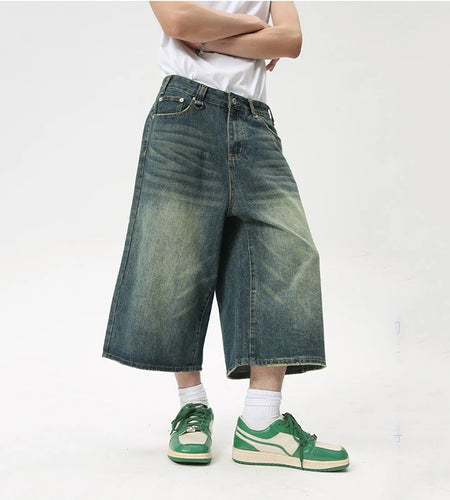 High Street Calf-Length Pants Denim Men's Shorts Straight Zipper Causal Wide Leg Male Trousers Chic Summer 8825