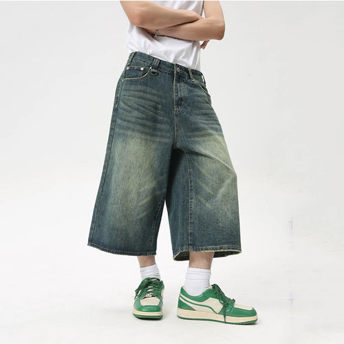 Load image into Gallery viewer, High Street Calf-Length Pants Denim Men&#39;s Shorts Straight Zipper Causal Wide Leg Male Trousers Chic Summer 8825
