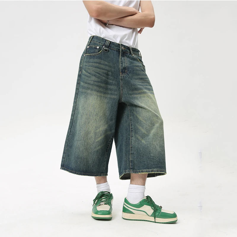 High Street Calf-Length Pants Denim Men's Shorts Straight Zipper Causal Wide Leg Male Trousers Chic Summer 8825