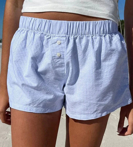 Striped Print Casual Shorts for Women Elastic Waist Fashion Button Bottoms Streetwear Chic Basic Y2K Loose Shorts