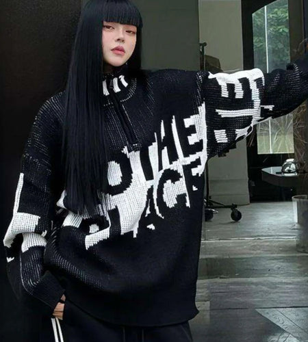 Men and Women Letter Jacquard Grunge Sweaters Y2k Aesthetic Half High Collar Zipper Jumpers Knitted Harajuku Oversized Pullovers