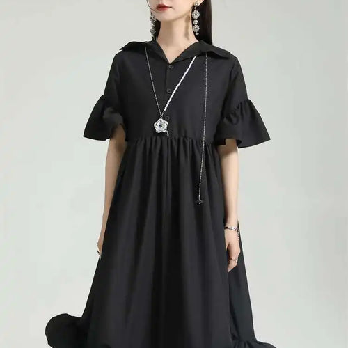 Load image into Gallery viewer, Women White Pleated Hem Ruffles Big Size Shirt Dress New Lapel Short Sleeve Loose Fit Fashion Spring Summer 2025 1DF7190
