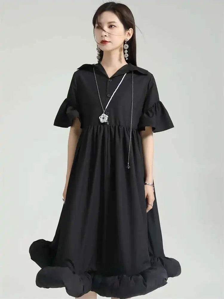 Women White Pleated Hem Ruffles Big Size Shirt Dress New Lapel Short Sleeve Loose Fit Fashion Spring Summer 2025 1DF7190