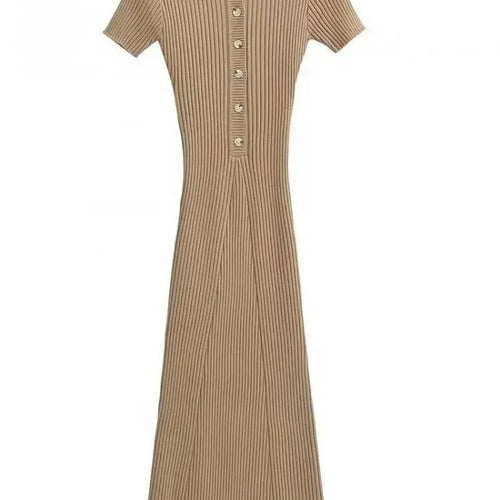 Load image into Gallery viewer, Korean Version Solid Polo Collar Single Breasted Knitted Long Dress Women's Summer Elegant Slim Short Sleeve Wrapped Hip Dresses
