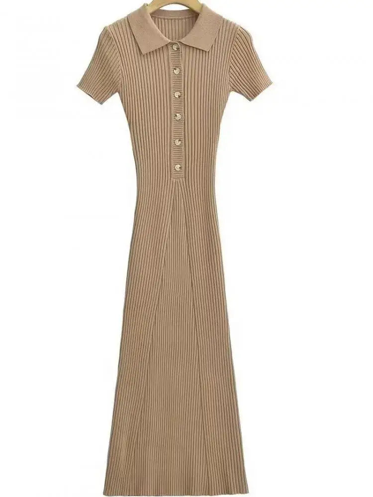 Korean Version Solid Polo Collar Single Breasted Knitted Long Dress Women's Summer Elegant Slim Short Sleeve Wrapped Hip Dresses