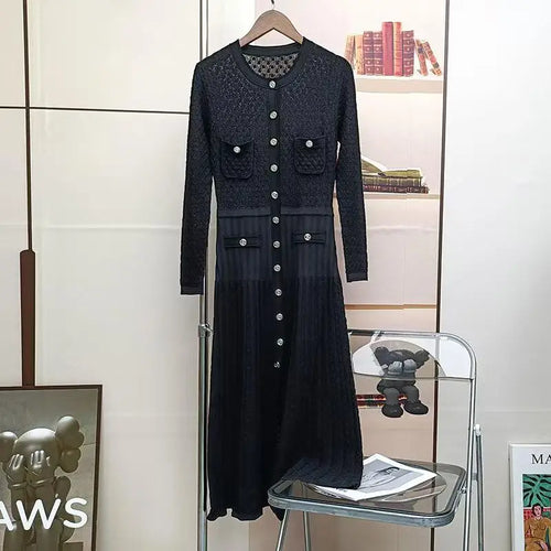 Load image into Gallery viewer, Autumn Winter Black White Single Breasted Casual Sweater Dress Green Elegant Office Women's Temperament Long Sleeve Knit Dresses

