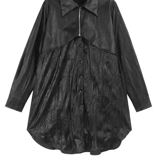 Load image into Gallery viewer, Women Black Pu Leather Pleated Big Size Mini Shirt Dress New Lapel Long Sleeve Fashion Tide Spring Autumn 2025 1DH7337
