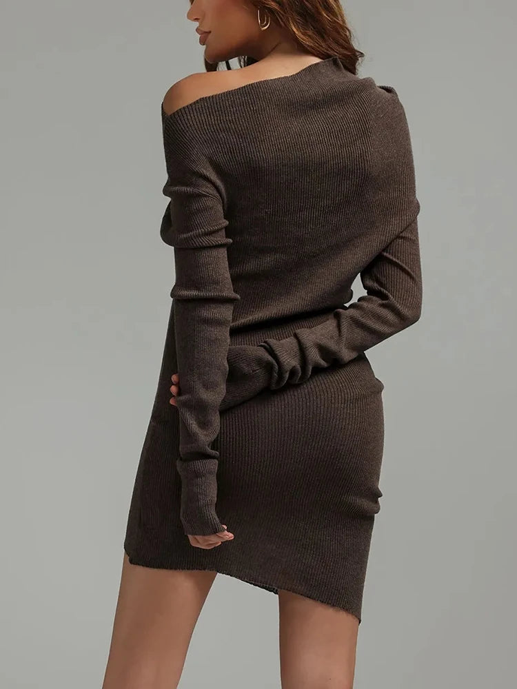 Solid Slimming Asymmetrical Knitting Dresses For Women Diagonal Collar Long Sleeve High Waist Casual Fashion Dress Female