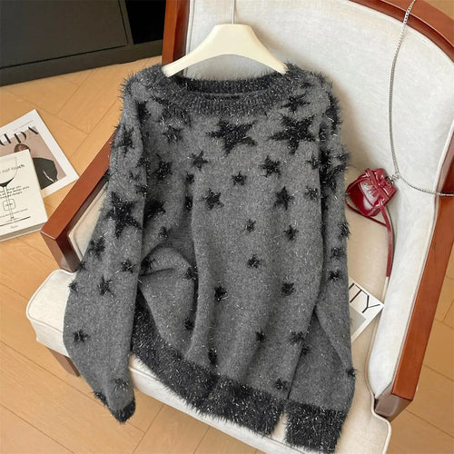 Load image into Gallery viewer, Korean Autumn Winter Grey Star Patchwork Elegant Pullover Short Sweater Women 2024 New Round Neck Long Sleeved Knitted Tops Chic
