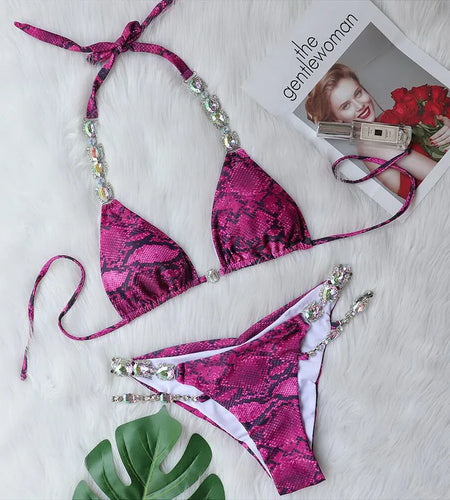 Sexy Summer Rhinestones Brazilian Bikini Push Up Swimwear Women Chain Swimsuit Halter Biquini Two Pieces Bathing Suit