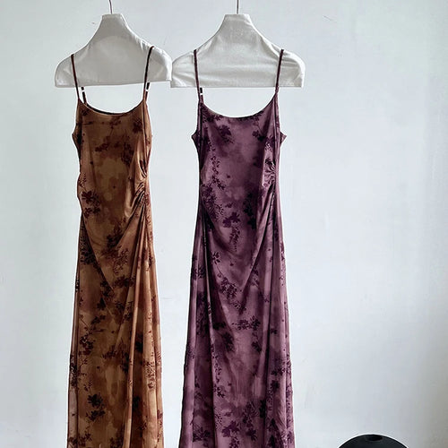 Load image into Gallery viewer, Women Brown Printed Vintage Long Spaghetti Strap Dress New Round Neck Sleeveless Fashion Tide Spring Summer 2025 1DJ0289
