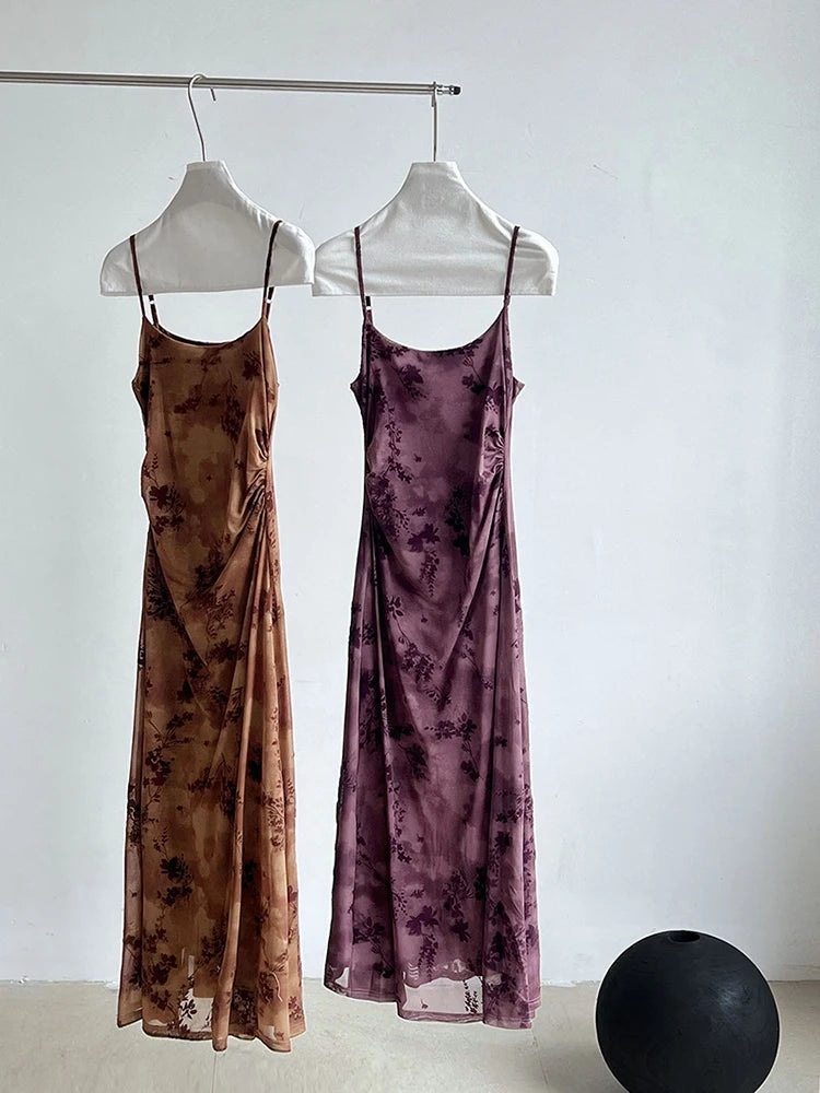 Women Brown Printed Vintage Long Spaghetti Strap Dress New Round Neck Sleeveless Fashion Tide Spring Summer 2025 1DJ0289