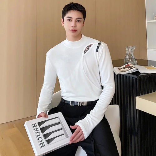 Load image into Gallery viewer, Fashion Men&#39;s T-shirts Leather Loop Spliced Hollow Out Top Long Sleeve Half High Collar Male Tees Fashion 9C1736
