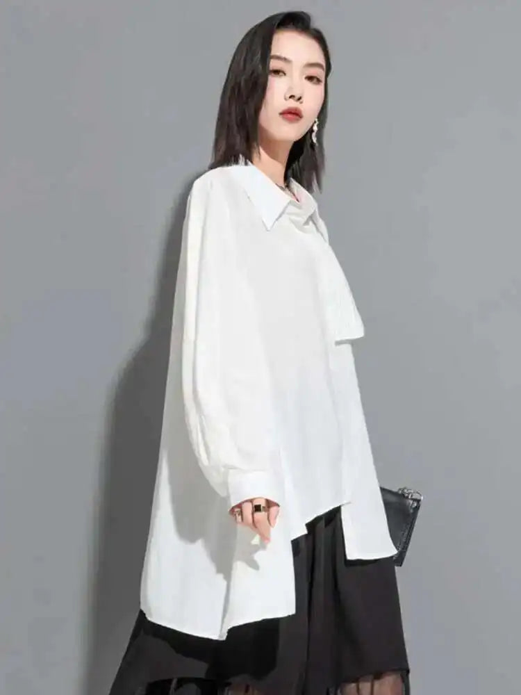 Women Black Irregular Pleated Big Size Blouse New Lapel Long Sleeve Loose Fit Shirt Fashion Spring Autumn 2025 1DF6525