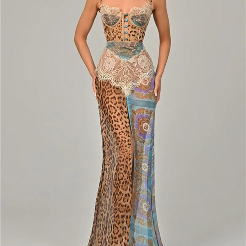 Load image into Gallery viewer, Leopard Print Lace Split Sexy Maxi Dress Women Gown Elegant Patchwork Chiffon Sleeveless Backless Beach Evening Dress
