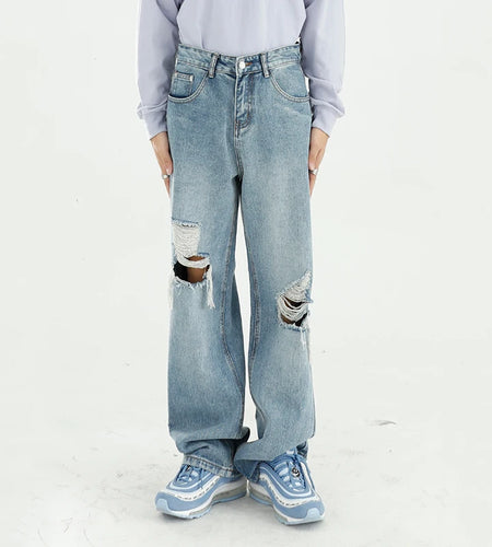 Loose Fitting Men's Jeans Hole Worn-out Design Bagger Male Straight Wide Leg Denim Pants New Fashion Tide Summer 9W1992