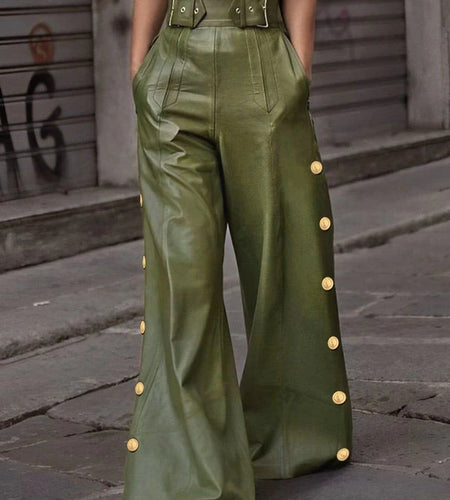 Fall Winter Women's Faux Pu Long Pants 2024  Loose Pleated Button Streetwear High Waisted Wide Leg Trousers for woman