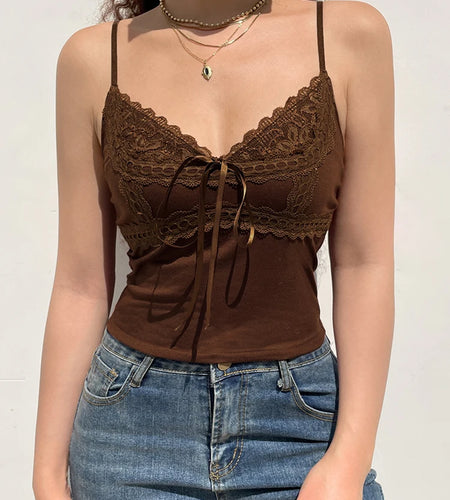 Y2K Retro Fashion Lace Patchwork Brown Crop Top Grunge Fairycore Strap Bow Camisole Slim Basic Summer Women Tops Cute