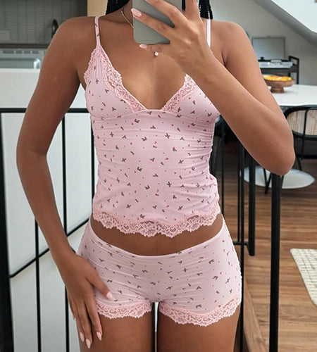 Cute Flowers Printing Summer Set Women Mini Lace Patchwork Trim Cropped Camis And Super Shorts Slimming Outfits 2025