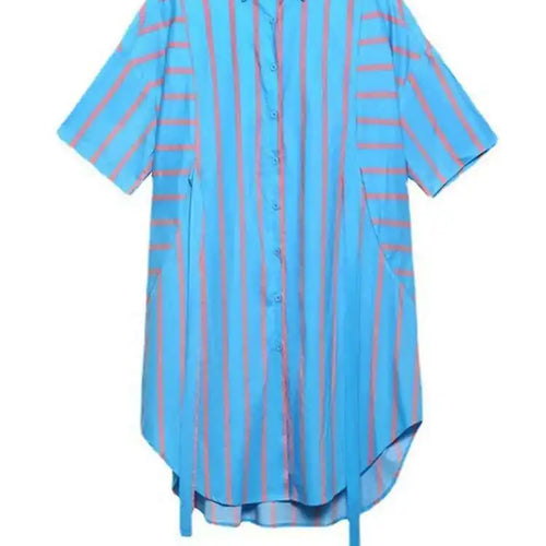 Load image into Gallery viewer, Women Blue Striped Bandage Big Size Knee-Length Shirt Dress New Lapel Long Sleeve Fashion Tide Spring Autumn 2025 1DH4539
