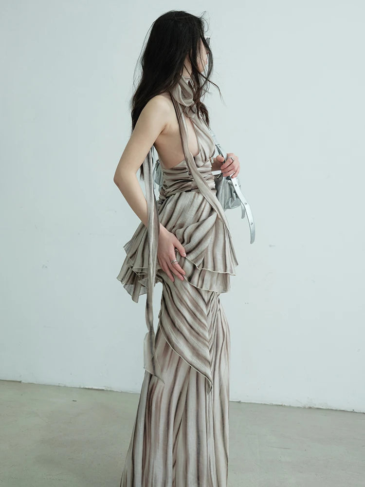 Brown Tank Top Bandage Thin Skirt Two Pieces Suit New Halter Sleeveless Women Fashion Tide Spring Summer 2025 1DJ0680