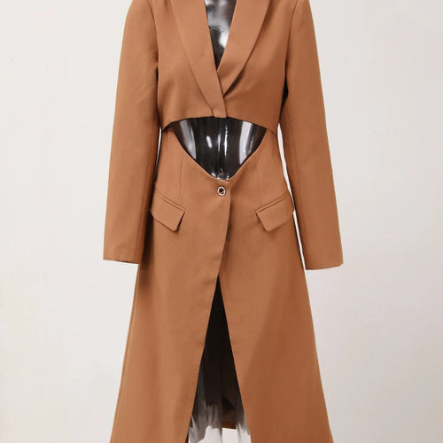 Load image into Gallery viewer, Women Brown Irregular Spliced Long Elegant Blazer New Lapel Long Sleeve Jacket Fashion Tide Spring Autumn 2025 26D9036
