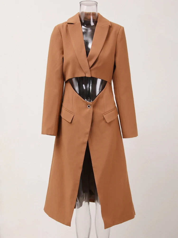Women Brown Irregular Spliced Long Elegant Blazer New Lapel Long Sleeve Jacket Fashion Tide Spring Autumn 2025 26D9036