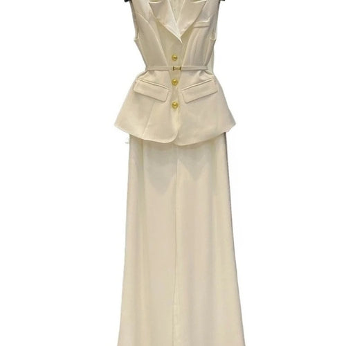 Load image into Gallery viewer, Solid Temperament Two Piece Sets for Women Lapel Sleeveless Spliced Single Breasted Top High Waist Pant Set Female
