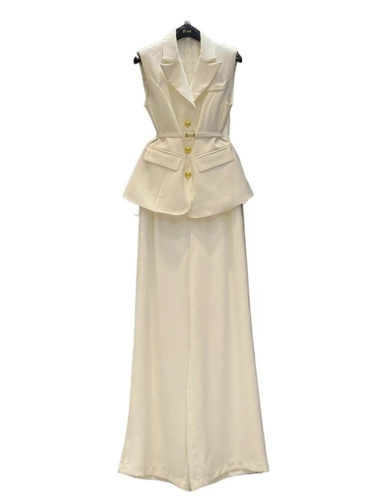 Solid Temperament Two Piece Sets for Women Lapel Sleeveless Spliced Single Breasted Top High Waist Pant Set Female