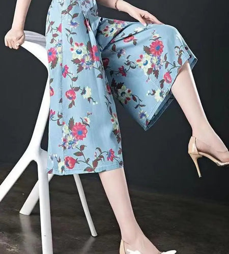 Summer Blue Floral Denim Pleated Wide Leg Seven Point Pant For Women Loose Casual Elastic High Waist Jean Fashion Streetwear new