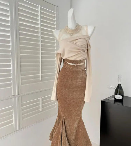 Autumn Winter Women Fashion Beige Patchwork Lace Long Sleeves Off Shoulder Tops And Brown High Waist Pleated Skirt Two-piece Set