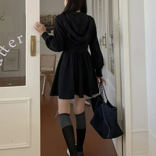 Load image into Gallery viewer, Autumn Korean Style Zipper Hooded Dress Women Kpop Wrap Long Sleeve Mini Short Dresses Fashion

