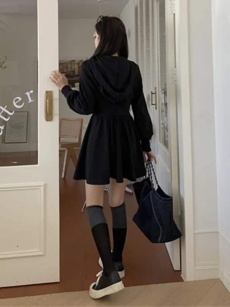 Autumn Korean Style Zipper Hooded Dress Women Kpop Wrap Long Sleeve Mini Short Dresses Fashion