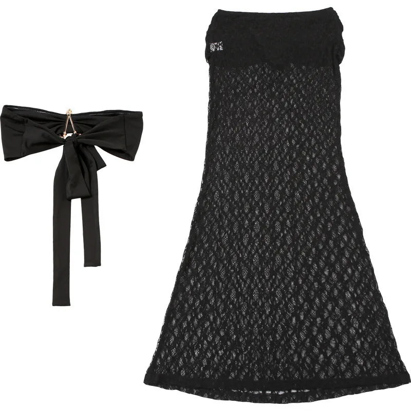 Strapless Sexy Tops And Skirt 2 Pieces Sets Wome Lace Sleeveless Crop Tops And See Through Long Skirt Two Pieces Sets