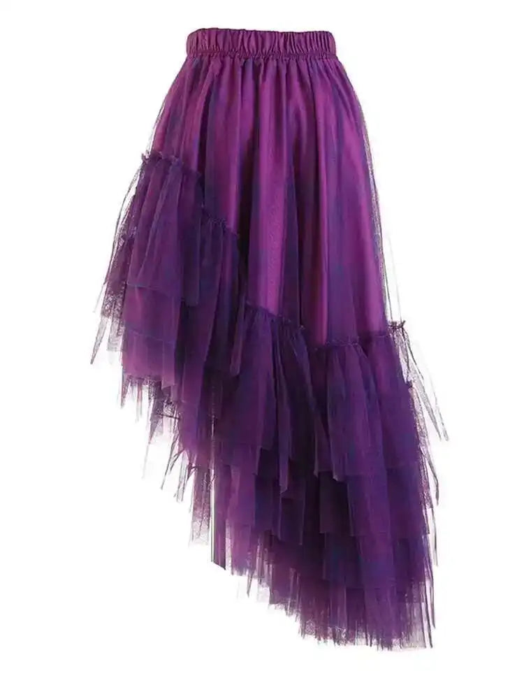 High Elastic Waist Red Plaid Mesh Irregular Long Casual Half-body Skirt Women Fashion Tide New Spring Autumn 2025 1DF1247