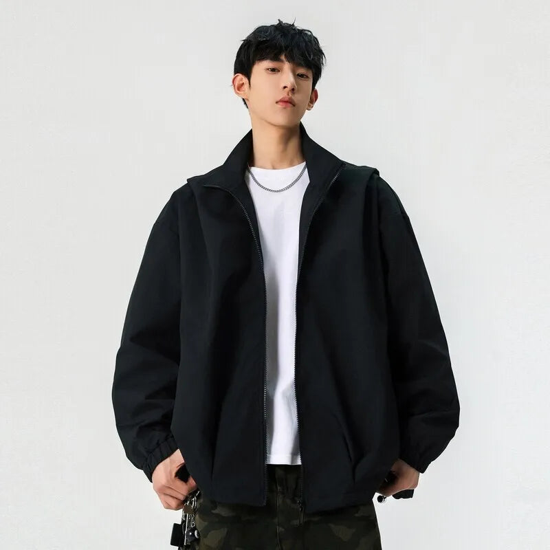 Korean Style Men's Jackets Casual Stand Collar Solid Color Fashion Pleated Design Outdoor Loose Male Coats Spring 9W1234
