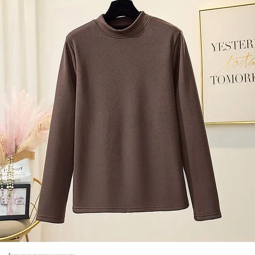 Load image into Gallery viewer, Korean Version New Black Brown Velvet Cotton Round Neck T Shirt Autumn Winter Women Yellow Slim Long Sleeve Plus Size Tops Thick
