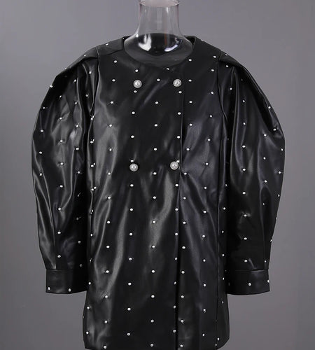 Black Dot Big Size PU Leather Jacket New O-neck Long Puff  Sleeve Women Coat Fashion Tide Spring Autumn 2025 25X2588