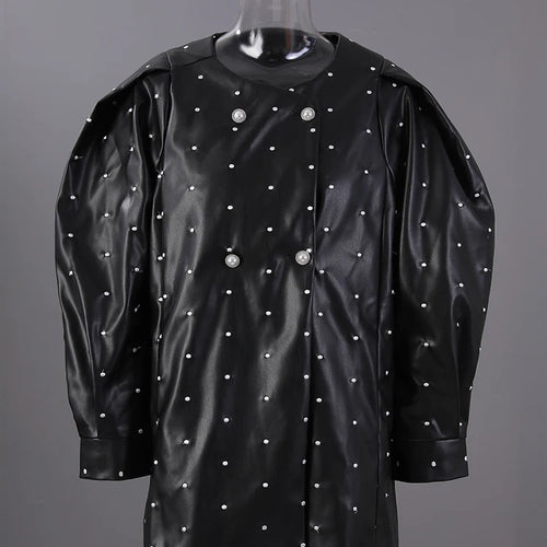 Load image into Gallery viewer, Black Dot Big Size PU Leather Jacket New O-neck Long Puff  Sleeve Women Coat Fashion Tide Spring Autumn 2025 25X2588
