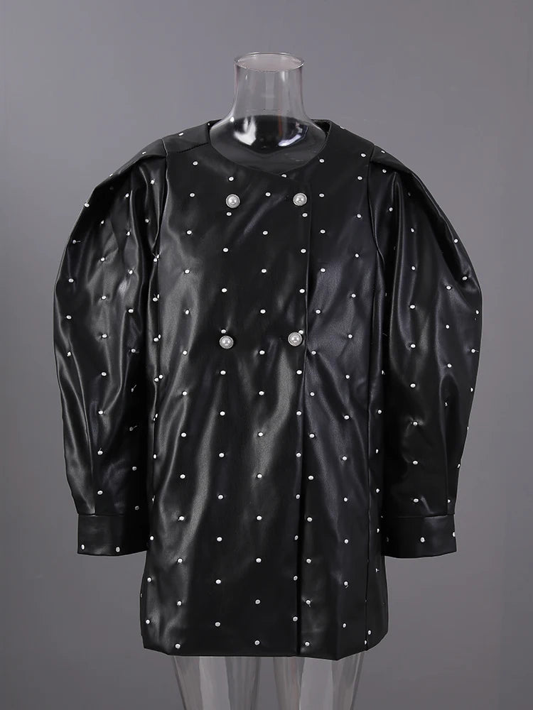 Black Dot Big Size PU Leather Jacket New O-neck Long Puff  Sleeve Women Coat Fashion Tide Spring Autumn 2025 25X2588