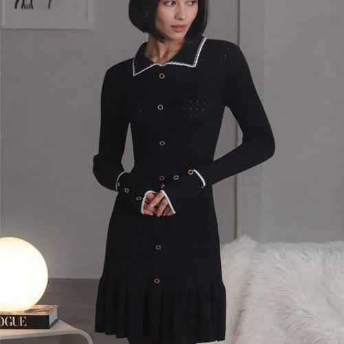 Load image into Gallery viewer, Autumn Long Sleeve Knit Dress For Women Fashion Lapel Single-btrasted Button High Waist Ruffled Mini Dress Knitwear
